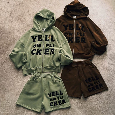 Áo hoodie zip và quần shorts YELLOW FLICKER big logo unisex