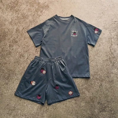 Bộ áo thun tay ngắn YELLOW FLICKER cotton mangosteen màu xanh xám unisex