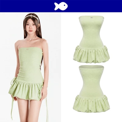 Đầm kiểu nữ cúp ngực dáng bí xòe bồng DKMV sẵn quần trong thắt dây nơ 2 bên hông màu xanh bơ Areum Dress | K-D21-XB