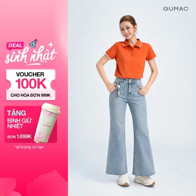 Quần Jeans Nữ GUMAC Form Ôm Ống Loe Nút Logo Gumac Túi Hàm Ếch Tôn Dáng LQJG07091 Túi Sau Thanh Lịch