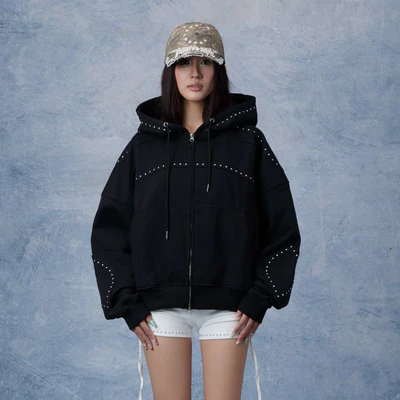 Áo Hoodie Zip Stud REGODS Oversize Đính Đinh Tán Bạc – Hoodie Zip Y2K Form Rộng Unisex localbrand