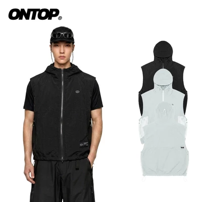 Áo khoác gile gió có mũ ONTOP màu đen 2 lớp phối lưới có túi trong kèm dây rút Mesh-Panel Hooded | O-AK17