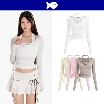 Set áo croptop phối áo tay dài cổ đổ nữ DKMV thiết kế kèm dây cột nơ eo hoạ tiết trơn đính logo cá inox Enid Top | K-T61
