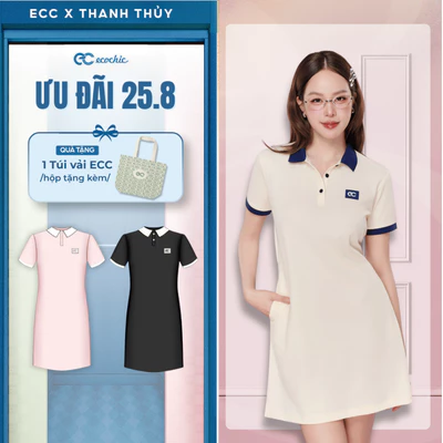 (Tặng túi vải) Váy Polo ECOCHIC B240 Dáng Suông Phối Viền Tay Nữ Tính Chất Liệu Cao Cấp Mềm Mịn