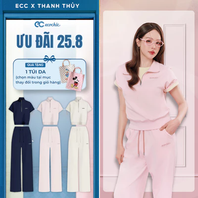 (Tặng túi da) Set Bộ Dài ECOCHIC B221 Áo Crop Khoá Halfzip Ngắn Tay Quần Logo Thêu Chính Hãng