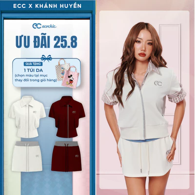 (Tặng túi da) Set chân váy Tencel ECOCHIC B239 Cổ Polo Phối Viền Có Khoá Kéo Chân Váy Chữ A Cao Cấp Chính Hãng