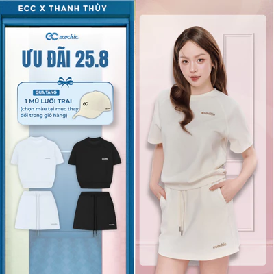 (Tặng mũ) Set Chân Váy ECOCHIC B235 Áo Cổ Tròn Basic Logo Thêu Chân Váy Ngắn Cạp Chun Cao Cấp Chính Hãng