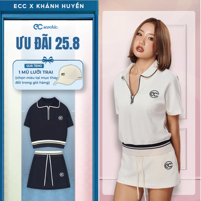 (Tặng mũ) Set Chân Váy ECOCHIC B236 Áo Polo Phối Viền Logo Thêu Chân Váy Ngắn Cạp Chun Chất Liệu Cao Cấp
