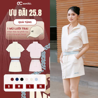 (Tặng mũ) Set Chân Váy Ngắn ECOCHIC B219 Khoá Áo Halfzip Cạp Váy Bo Dệt Logo Thêu Chất Liệu Cao Cấp Chính Hãng