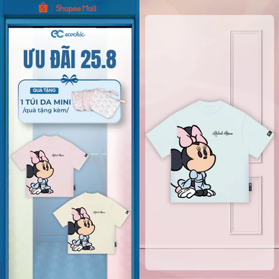 (Tặng túi mini) Áo Phông Boxy ECOCHIC TS031 Hình In Minnie Mouse Nơ Hồng Dễ Thương Chính Hãng Bản Quyền Disney