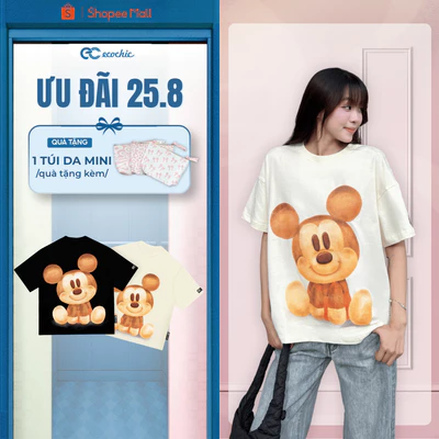 (Tặng túi mini) Áo Phông Boxy ECOCHIC TS030 Hình In MICKEY Vàng Dễ Thương Chính Hãng Bản Quyền Disney Chất Liệu Cotton