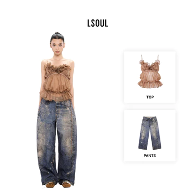 LSOUL Áo 2 Dây Xếp Tầng Phối Hoa Nhún Ngực Hannie Top + Quần Jeans Baggy Yeom Bottom Ver 2 A25072832
