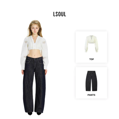 LSOUL Áo Croptop Tay Dài Phối Ren Cổ V Vintage Somna Top + Quần Jeans Nie Pants A26032887