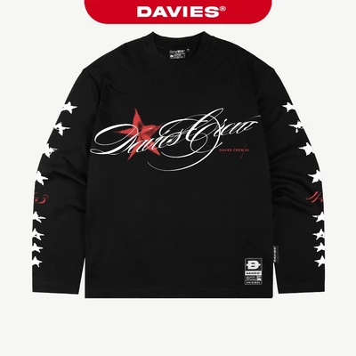 Áo phông tay dài form rộng hiphop DAVIES hình in chữ phối ngôi sao độc đáo màu đen Crimson Long Sleeve Tee | D-T69