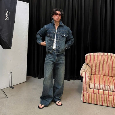 Set Áo Khoác Denim Form Crop Kèm Quần Jeans Form Rộng - Denim On Denim B Brown MARCELO Cropped Denim