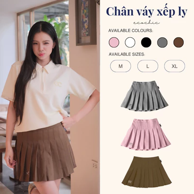 Chân Váy Xếp Ly Dáng Xoè Ngắn ECOCHIC Tennis Skirt Trắng Đen Xám Hồng Nâu Có Lót Trong New F537
