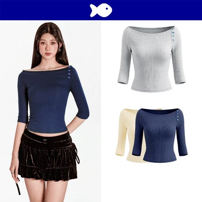 Áo cổ thuyền tay lửng nữ DKMV đính hàng nút hình cá đáng yêu chất thun gân ôm dáng co giãn Adhara Top | K-T71