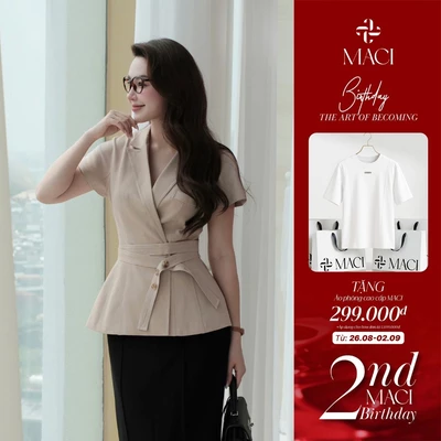 Áo Vest Tay Hến Kèm Đai Chất Bò Lụa Màu Be Thanh Lịch MACI MCAAVBE0400 Thời Trang Nữ Thiết Kế