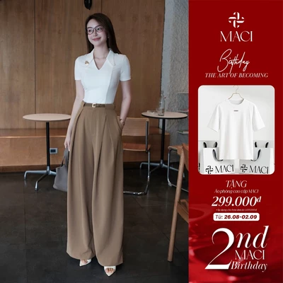 Quần Ống Rộng Bấu Li Đỉa Liền Màu Camel Chất Chéo Hàn MACI MCQQTNA0401 Thời Trang Nữ Thiết Kế