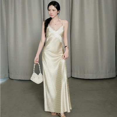 KIDO - Đầm hai dây lụa phối ren dáng dài JOLENE DRESS