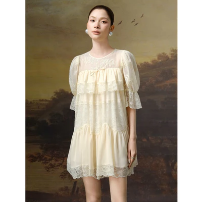 RUBIES Marien Dress - Đầm Ngắn Nữ Vải Chiffon Phối Ren Dáng Xòe Babydoll Tay Ngắn Cổ Tròn