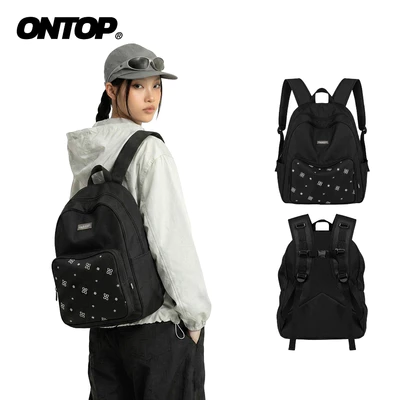 Balo họa tiết canvas local brand ONTOP nhiều ngăn đựng vừa laptop 14.3inches màu đen Level backpack | O-P29