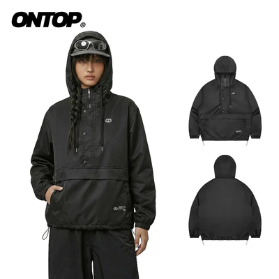 Áo khoác anorak vải dù 2 lớp ONTOP chống nước có mũ chống nắng kèm dây rút Half-Snap Hoodie Jacket | O-AK12