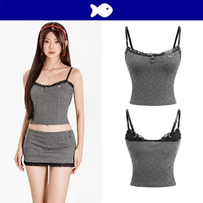 Áo 2 dây kiểu nữ croptop ôm DKMV phối dây da viền ren đen đính logo cá chất umi xám sọc caro Clarion Set | K-SET33-T-X