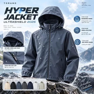 Áo Khoác Gió Nam 2 lớp HYPER JACKET TORANO Công Nghệ Cao Cấp Heattech, Chống Thấm, Cản Bụi, Cản Gió, Giữ ấm EWCW001
