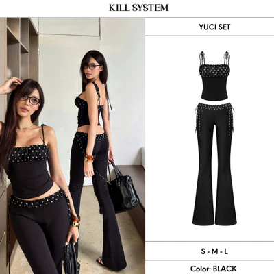 Set áo 2 dây và quần ống loe chấm bi ôm body YUCI - 𝐊𝐈𝐋𝐋 𝐒𝐘𝐒𝐓𝐄𝐌