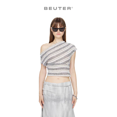 Áo Lệch Vai Kẻ Sọc Trắng Đen - BEUTER® WMNS ASYMMETRIC ONE-SHOULDER STRIPED