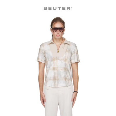 Áo Polo Nam Cổ Xẻ Hoạ Tiết Màu Be - BEUTER® SHAPED RELAXED FIT COLLARED SPLIT-NECK POLO - BEIGE