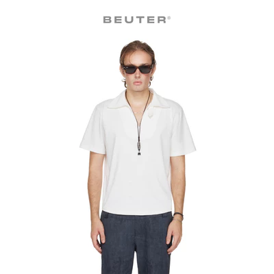 Áo Polo Nam Cổ Xẻ Trơn Màu Trắng - BEUTER® SHAPED RELAXED FIT COLLARED SPLIT-NECK POLO - WHITE