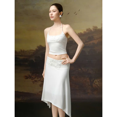 RUBIES Kissy Set - Set Áo Váy Nữ Vải Thun Cotton Phối Ren Áo Cổ Yếm Váy Xòe