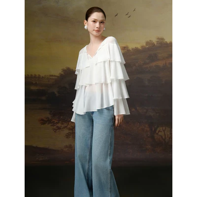 RUBIES Salsa Top - Áo Kiểu Nữ Vải Chiffon Dáng Suông Rộng Xếp Tầng Bèo Tay Dài Cổ Tròn