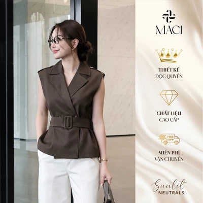 Áo Gile Blazer Kèm Đai Màu Nâu Choco Trầm Chất Bò Lụa MACI MCAGLNA0409 Thời Trang Nữ Thiết Kế