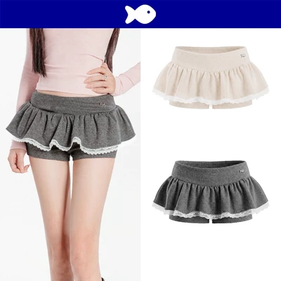 Váy quần kiểu nữ dáng xòe phồng DKMV cạp thấp viền ren trắng đáng yêu vải tweed 2 da logo cá inox Lyra Short | K-Q10