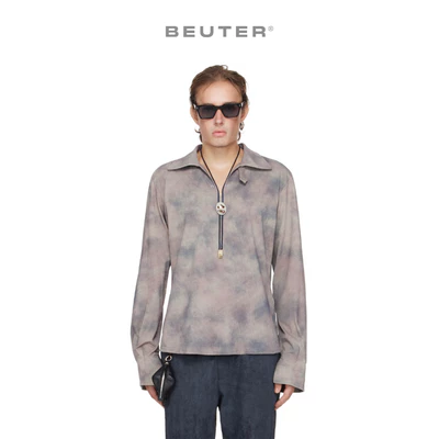 Áo Polo Nam Tay Dài Cổ Xẻ Hoạ Tiết Màu Xám - BEUTER® SHAPED RELAXED COLLARED SPLIT-NECK LONG SLEEVE POLO - GRAY