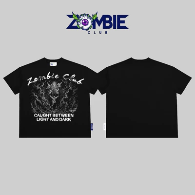 Áo thun boxy, zombie club, HEAVEN OR HELL in nổi, form rộng,couple unisex, cotton 2 chiều 250gsm
