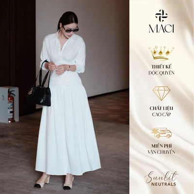 Đầm Sơ Mi Dáng Dài Nhún Eo 2 Lớp Chất Kaki Lạnh MACI MCVVATR0410 Thời Trang Nữ Thiết Kế Độc Quyền