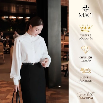 Áo Sơ Mi Trắng Cổ Tàu Dài Tay Chất Thô Tằm Hàn MACI MCASMTR0313 Thời Trang Nữ Thiết Kế Độc Quyền
