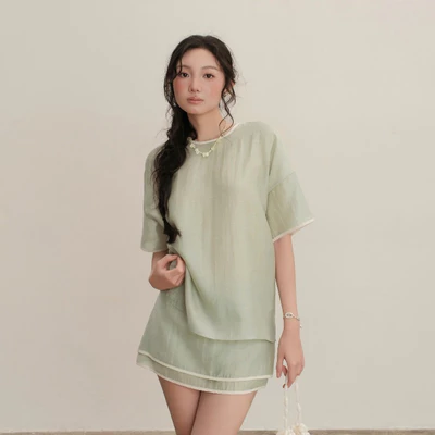 KIDO - Set áo tơ tay ngắn cổ tròn + Chân váy dáng A ngắn MAROON SET