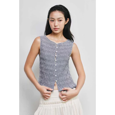 LIBÉ WORKSHOP - Áo kiểu chạy chỉ thun hoạ tiết caro vàng 7798