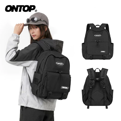 Balo đi học local brand ONTOP màu đen trơn nhiều ngăn dây rút đựng laptop Drawstring Backpack | O-P31