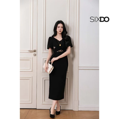Đầm đen bút chì phối ren ngắn tay cổ V SIXDO (Black Woven Pencil Dress)