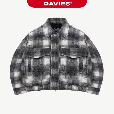 Áo khoác bomber nỉ nam nữ DAVIES hoạ tiết caro màu đen có túi vuông to tag inox Crop Bomber Jacket Classy | D36-AK2-CRXD
