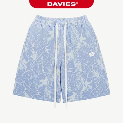 Quần nỉ bông nam nữ short lửng DAVIES lưng thun buộc dây hoạ tiết lá rừng màu xanh dương Commando Short | D-Q17-XAD