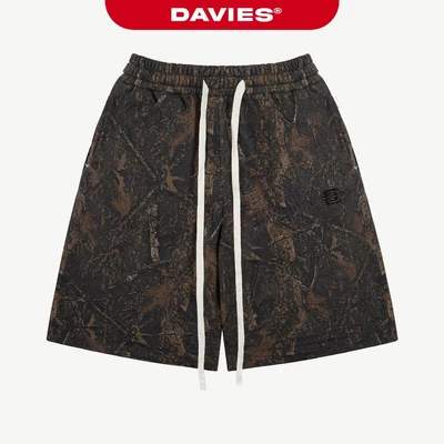 Quần short lửng lưng chun cột dây DAVIES nỉ bông hoạ tiết lá rừng màu đen nâu thêu logo hiphop Commando Short | D-Q17-DN