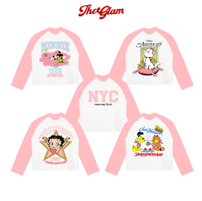 TheGlam CHÍNH HÃNG - Áo Thun Tay Dài Trắng/Hồng BST Cute Cartoon Form Boxy chất thoáng mát Nam Nữ