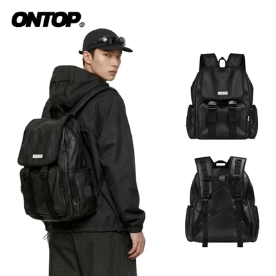 Balo da đen trơn nam nữ ONTOP chống nước nhiều ngăn đựng laptop local brand Big Buckle Backpack | O-P33